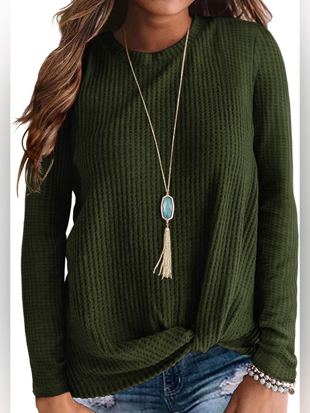 Vervet Olive Twist-Front Ribbed Long Sleeve Top